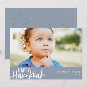 Happy Hanukkah Modern Photo Dusty Blue Holiday Card