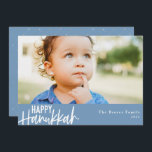 Happy Hanukkah Modern Photo Light Blue Holiday Card<br><div class="desc">Modern white typography design,  single horizontal photo,  light blue Hanukkah card. Features,  modern script and bold serif "Happy Hanukkah" and coordinating light blue color backgrounds with delicate silver lattice pattern backing. Template text lines for your name and year.</div>