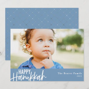 Happy Hanukkah Modern Photo Light Blue Holiday Card