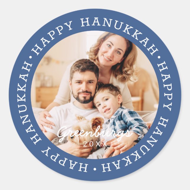 Happy Hanukkah Modern Preppy Custom Family Photo Classic Round Sticker (Front)