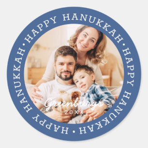 Happy Hanukkah Modern Preppy Custom Family Photo Classic Round Sticker