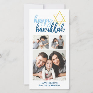 Happy Hanukkah Modern Script 3 Photo Holiday Card