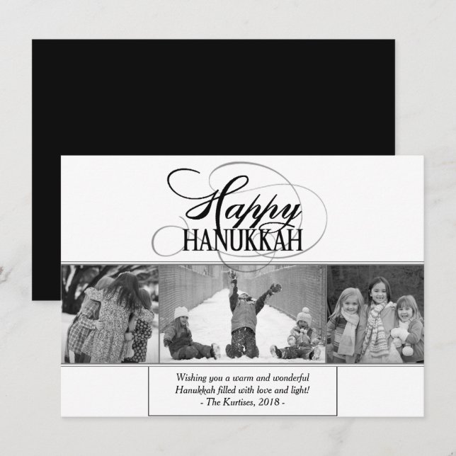 Happy Hanukkah | Modern Script Black White 3 Photo Holiday Card (Front/Back)