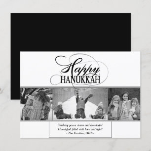 Happy Hanukkah   Modern Script Black White 3 Photo Holiday Card