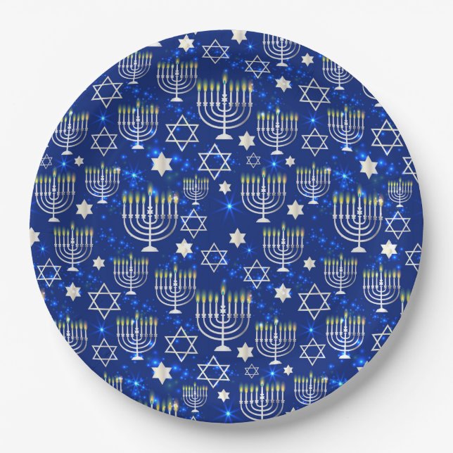 Happy Hanukkah Modern Star Of David Menorah Paper Plate (Front)