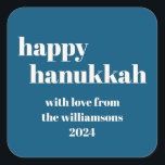 Happy Hanukkah Modern Teal Blue Personalised Square Sticker<br><div class="desc">Elevate your Hanukkah celebrations with this Happy Hanukkah Modern Teal Blue Personalised Square Sticker. Featuring a chic teal blue background with contemporary design elements, this sticker is perfect for adding a personal touch to your holiday gifts, cards, or party favours. The modern typography and clean lines create a stylish and...</div>