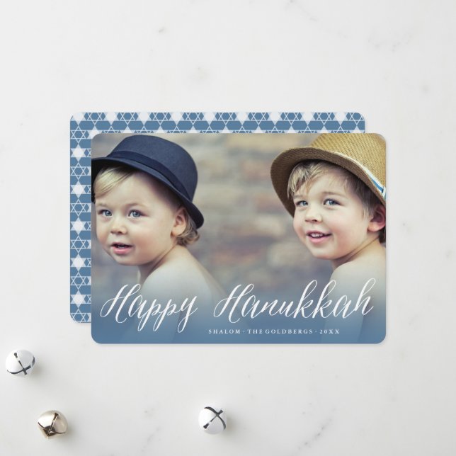 Happy Hanukkah Modern Trendy White Script Photo  Holiday Card (Front/Back In Situ)