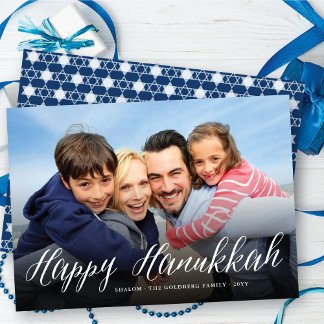 Happy Hanukkah Modern Trendy White Script Photo Holiday Card