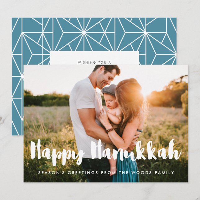 Happy Hanukkah Modern typography family photo Holiday Card (Front/Back)