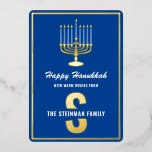 Happy Hanukkah Monogram Family Name Menorah Candle Foil Holiday Card<br><div class="desc">It's that time of year again. A simple minimalist monogram design for fans of the holiday season to send greetings and blessings to family and friends. The stylish typography text is customisable and can be personalised with your own custom message. The modern no photo design is yours to customise as...</div>