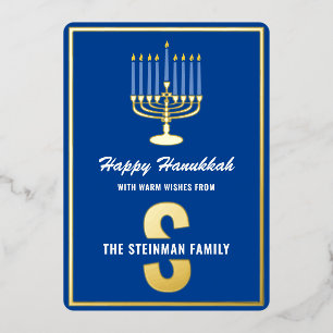 Happy Hanukkah Monogram Family Name Menorah Candle Foil Holiday Card