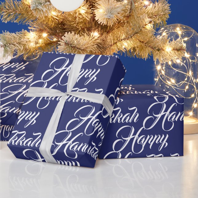 Happy Hanukkah navy blue and white elegant script Wrapping Paper (Holidays)