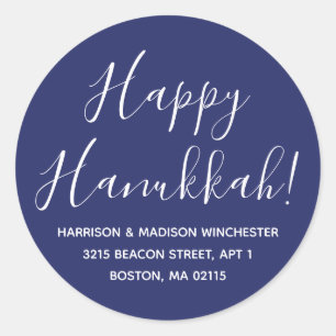 Happy Hanukkah navy blue script return address Classic Round Sticker