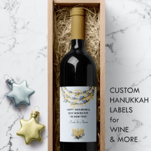 Happy Hanukkah   Navy & Gold Flowers Menorah Blue Wine Label