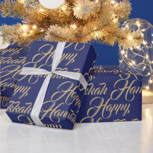Happy Hanukkah navy gold modern elegant script Wrapping Paper