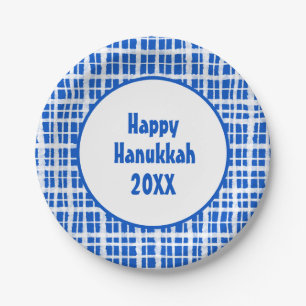 Happy Hanukkah Painted Plaid Blue and White Paper Plate