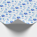 Happy Hanukkah Party Beautiful Blue Decoration Wrapping Paper<br><div class="desc">Happy Hanukkah Party Beautiful Blue Decoration, Jewish Holiday, Wrapping Paper. Jewish Holiday Hanukkah background with traditional Chanukah symbols - wooden dreidels (spinning top), doughnuts, gold menorah, candles, star of David and glowing blue lights wallpaper pattern. Hanukkah Festival Event Decoration. Jerusalem, Israel. Crafts & Party Supplies > Gift Wrapping Supplies >...</div>