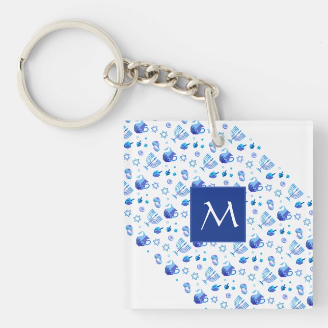 Happy Hanukkah Party Beautiful Blue Monogram Key Ring (Front)