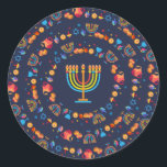 Happy Hanukkah Party Beautiful Decoration Classic Round Sticker<br><div class="desc">Happy Hanukkah Party Beautiful Decoration, Jewish Holiday, Classic Round Sticker. Jewish Holiday Hanukkah background with traditional Chanukah symbols - wooden dreidels (spinning top), doughnuts, gold menorah, candles, star of David and glowing lights wallpaper pattern. Hanukkah Festival Event Decoration. Jerusalem, Israel. Crafts & Party Supplies > Gift Wrapping Supplies > Stickers...</div>