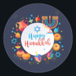 Happy Hanukkah Party Beautiful Decoration Classic Round Sticker<br><div class="desc">Happy Hanukkah Party Festival of lights Beautiful Decoration, Jewish Holiday, Classic Round Sticker. Hanukkah blue lights background with traditional Chanukah symbols - wooden dreidels (spinning top), doughnuts, menorah, candles, star of David and glowing lights wallpaper pattern. Hanukkah Festival Event Kids party Holiday Birthday Decoration. Jerusalem, Israel. Crafts & Party Supplies...</div>