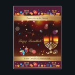 Happy Hanukkah Party Gold Hanukkiah Invitation Postcard<br><div class="desc">Happy Hanukkah Party Invitation Beautiful Jewish Holiday Card. Jewish Holiday Chanukkah background with traditional Chanuka decorative symbols - wooden dreidels (spinning top), doughnuts, hanukkiah menorah, candles, star of David and glowing lights wallpaper gold pattern. Hanukkah Festival of lights Event Decoration. Jerusalem, Israel. Invitations & Stationery > Invitations & Announcements Design...</div>