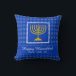 HAPPY HANUKKAH Peace Love Joy Customisable Blue Cushion<br><div class="desc">Stylish festive pillow with faux silver Star of David in subtle pattern on light blue background. Blue matches the colour of the Israeli flag. Placeholder text is customisable so you can change HAPPY HANUKKAH to a greeting of your own choice (text of similar length) or in your own language, or...</div>