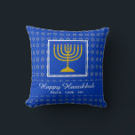 HAPPY HANUKKAH Peace Love Joy Customisable Blue Cushion<br><div class="desc">Stylish festive pillow with faux silver Star of David in subtle pattern on light blue background. Blue matches the colour of the Israeli flag. Placeholder text is customisable so you can change HAPPY HANUKKAH to a greeting of your own choice (text of similar length) or in your own language, or...</div>