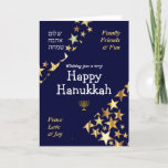 HAPPY HANUKKAH Peace Love Joy Stars HEBREW Holiday Card<br><div class="desc">Stylish blue and gold HANUKKAH GREETING CARD to wish your family and friends a Happy Hanukkah, which says WISHING YOU A VERY HAPPY HANUKKAH in white typography with FAMILY, FRIENDS & FUN and PEACE, LOVE & JOY in gold coloured typography in the corners. PEACE, LOVE, JOY is also written in...</div>