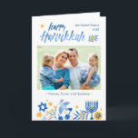 Happy Hanukkah Peace Love Latkes Festive Photo Holiday Card<br><div class="desc">Send your Wishes with this Photo Holiday Card that feature a Watercolor Happy Hanukkah Script and Menorah Candles to highlight your greeting message.</div>