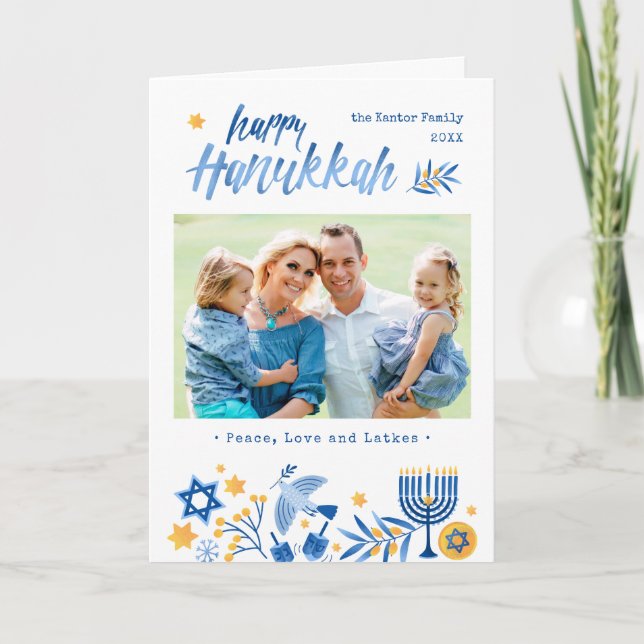 Happy Hanukkah Peace Love Latkes Festive Photo Holiday Card (Front)