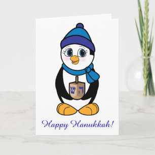 Happy Hanukkah Penguin and Dreidel Holiday Card