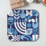 Happy Hanukkah Personalised Modern Menorah & Stars Paper Plate<br><div class="desc">Dress up your family or office Hanukkah / Chanukah party with personalised Hanukkah / Chanukah modern Geometric Pattern Plates. Menorah, Dreidel, Doughnuts, Stars & Olive oil... Jewish Hanukkah Symbols Space to add your personalised text. Happy Hanukkah wishes. This upscale, modern, look, is a great way to wish friends, family, and...</div>