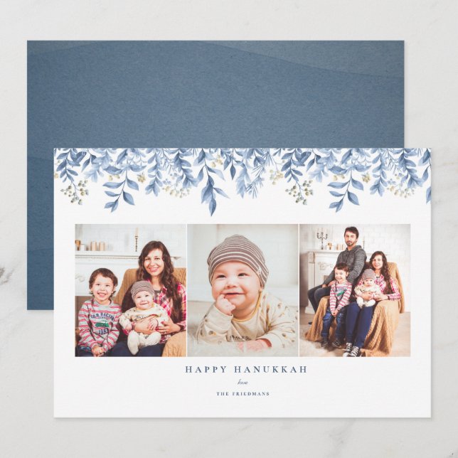 Happy Hanukkah photo collage floral holiday card (Front/Back)