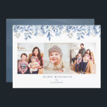Happy Hanukkah photo collage floral holiday card<br><div class="desc">Modern,  elegant,  Hanukkah photo holiday card featuring blue floral border watercolor illustration. Customise with your personal greeting and family name. 3 photo card perfect to share your family with friends,  and loved ones.</div>