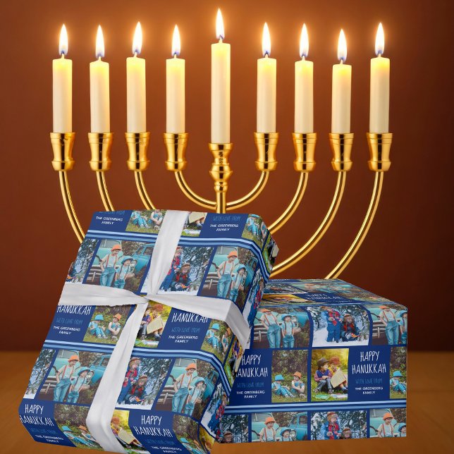 Happy Hanukkah Photo Collage Personalised Blue Wrapping Paper (Creator Uploaded)