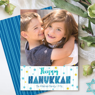 Happy Hanukkah Photo Gold Blue Star Fun Typography Holiday Card