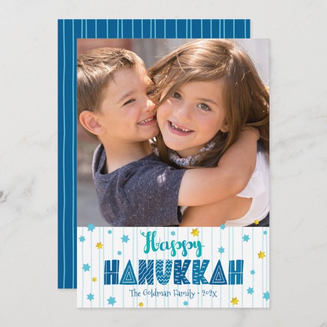 Happy Hanukkah Photo Gold Stars Modern Typography  Holiday Card (Front/Back)