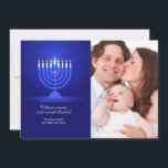 Happy Hanukkah Photo Holiday Card<br><div class="desc">Send holiday greetings along with one of your favourite photos with this beautiful Chanukah photo card in royal blue with a lit menorah. (Holiday Vectors by Vecteezy). The card is easy to customise with your wording, font, font colour, paper shape and choice of paper type. Not exactly what you're looking...</div>