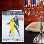 Happy Hanukkah Photo Modern Blue Script Folded Holiday Card<br><div class="desc">Modern customisable Jewish full photo vertical Hanukkah card with a winter photograph of your child or family with blue script overlay. Add another favourite Chanukah picture inside and customise your own Happy Hanukkah message of love and light inside.</div>