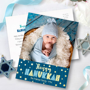 Happy Hanukkah Photo Modern Cute Blue Real Gold Foil Holiday Postcard