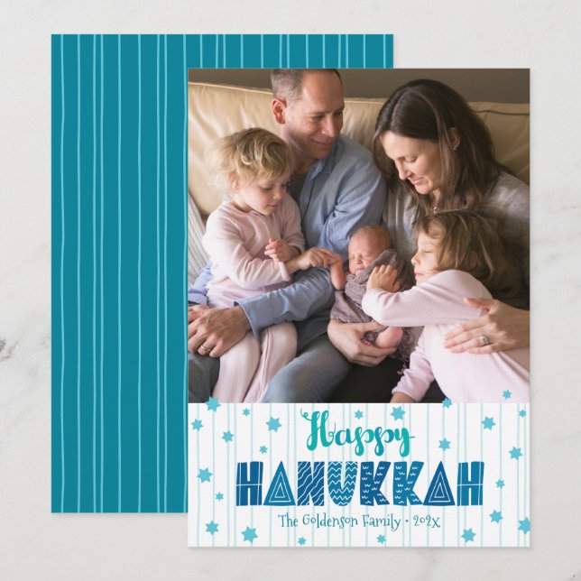 Happy Hanukkah Photo Modern Teal Fun Typography Holiday Card (Front/Back)