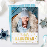 Happy Hanukkah Photo Modern Whimsical Real Gold Foil Holiday Card<br><div class="desc">“Happy Hanukkah.” Fun, playful, whimsical handcrafted real gold foil typography and a random Star of David pattern overlay a clean, white background. Add the photo of your choice and help usher in Hanukkah with this stunning, colourful, personalised real gold foil greeting card. Hand drawn white lines overlay a light turquoise...</div>