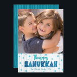 Happy Hanukkah Photo Turquoise Typography Bold  Holiday Card<br><div class="desc">“Happy Hanukkah.” Fun, playful, whimsical handcrafted typography along with a random Star of David pattern in light blue, all overlaying light aqua blue hand drawn lines on a white background along with a photo of your choice, help you usher in Hanukkah. Hand drawn turquoise lines overlay a teal blue background...</div>
