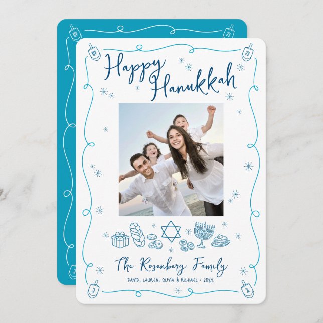 Happy Hanukkah Photo Whimsical Hand Drawn Doodles Holiday Card (Front/Back)