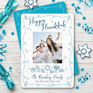 Happy Hanukkah Photo Whimsical Hand Drawn Doodles Holiday Card