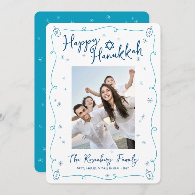 Happy Hanukkah Photo Whimsical Hand Drawn Playful Holiday Card (Front/Back)