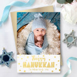 Happy Hanukkah Photo Whimsical Stars Real Gold Foil Holiday Card<br><div class="desc">“Happy Hanukkah.” Fun, playful, whimsical handcrafted real gold foil typography and a random Star of David pattern overlay a clean, white background. Add the photo of your choice and help usher in Hanukkah with this stunning, colorful, personalized real gold foil greeting card. Faux gold metallic ombre is on the back....</div>