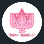 Happy Hanukkah Pink Menorah Classic Round Sticker<br><div class="desc">Customisable Holiday Cards,  Tees and Gifts</div>
