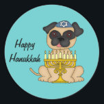Happy Hanukkah-Pug Dog with Menorah Classic Round Sticker<br><div class="desc">This very cute sticker has a little Pug dog,  wearing a blue yarmulke with a Star of David and a Menorah sitting in front of him. You can customise the text of "Happy Hanukkah" if you wish,  or delete.</div>
