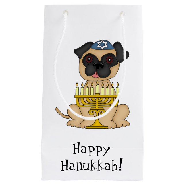 Happy Hanukkah-Pug Dog with Menorah/Customise Text Small Gift Bag (Front)